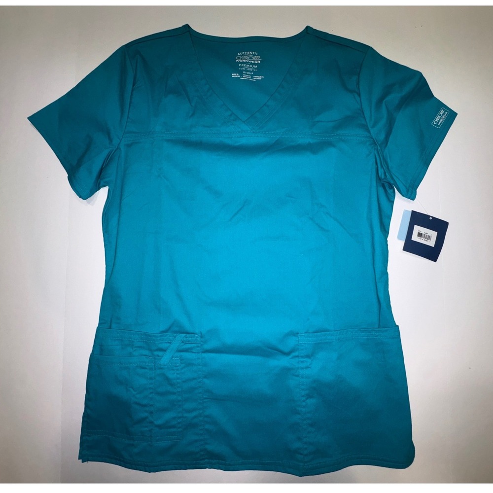Cherokee Workwear Premium Core‎ Stretch Teal V Neck Scrub Top Women's S